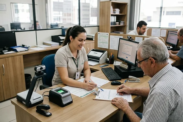 Atendente auxiliando cliente na renovação da CNH em Apucarana.